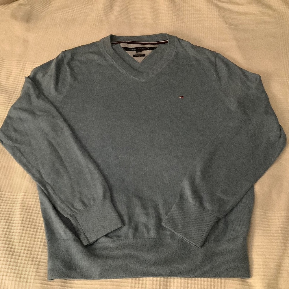 Tommy Hilfiger Light Blue Pima Cotton V Neck Sweater